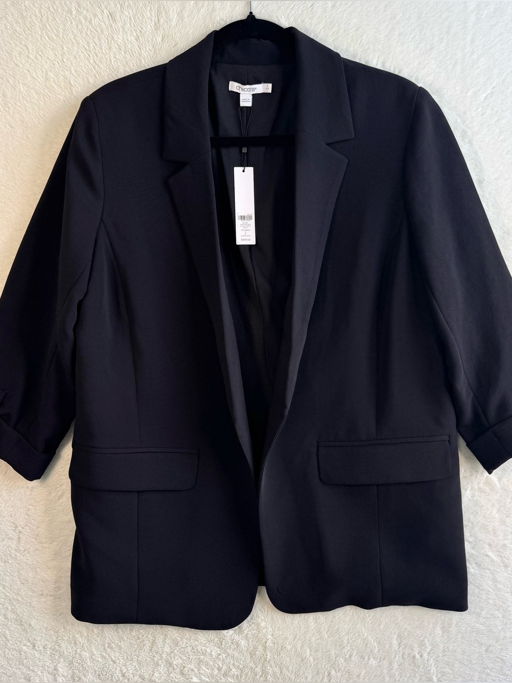 Chico’s Crepe Blazer Size 2 Large Black 3/4 Sleeve Capsule Career Minimalist NEW